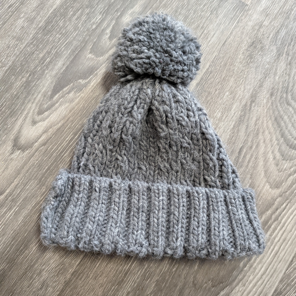 Gray Knit Beanie with Pom Pom